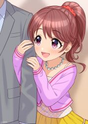 Rule 34 | 1boy, 1girl, arm hug, brown background, brown hair, business suit, checkered clothes, checkered shirt, commentary, formal, grey jacket, hair ornament, hair scrunchie, head out of frame, height difference, highres, idolmaster, idolmaster cinderella girls, jacket, jewelry, light blush, long hair, long sleeves, looking at another, necklace, open mouth, ponytail, producer (idolmaster), purple eyes, purple sweater, red scrunchie, scrunchie, shiina noriko, shirt, skirt, smile, suit, sweater, wavy hair, wgm oekaki, yellow skirt