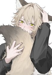 1boy animal_ears bishounen blonde_hair commentary_request covered_mouth fox_boy fox_ears fox_tail hand_on_own_head highres holding_own_tail jacket long_hair long_sleeves looking_at_viewer male_focus ne_a2 original simple_background slit_pupils solo tail upper_body white_background yellow_eyes