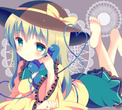 Rule 34 | 1girl, barefoot, black hat, blush, bow, bowler hat, buttons, cable, closed mouth, expressionless, eyebrows, frilled skirt, frilled sleeves, frills, green eyes, green hair, green skirt, hat, hat bow, hazakura satsuki, head tilt, highres, holding, holding phone, komeiji koishi, legs up, long hair, long sleeves, lying, matching hair/eyes, on stomach, phone, shirt, short hair, skirt, soles, solo, string, third eye, toes, touhou, yellow bow, yellow shirt