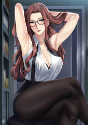 Rule 34 | 1girl, arm up, armpit crease, armpit lips, armpits, arms up, breasts, glasses, green eyes, highres, large breasts, lips, lipstick, long hair, long sleeves, looking at viewer, makeup, office lady, pantyhose, parted bangs, pencil skirt, shirt, sitting, skirt, smile, solo, spy x family, sylvia sherwood, thighs, xter