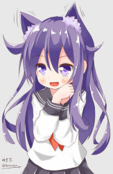 Rule 34 | 1girl, :d, akatsuki (kancolle), animal ears, black skirt, blush, cat ears, commentary request, grey background, hair between eyes, kamino miya, kantai collection, kemonomimi mode, long hair, long sleeves, looking at viewer, neckerchief, no headwear, open mouth, own hands together, pleated skirt, purple eyes, purple hair, red neckerchief, school uniform, serafuku, shirt, signature, simple background, skirt, smile, solo, twitter username, white shirt