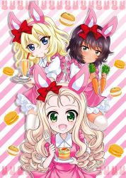 Rule 34 | 3girls, :d, alternate costume, andou (girls und panzer), animal ears, back bow, black eyes, black hair, blonde hair, blue eyes, bow, brown eyes, cake, carrot, carrot cake, carrot juice, closed mouth, collared dress, commentary, cup, dark-skinned female, dark skin, diagonal stripes, dress, drill hair, drinking glass, drinking straw, easter, fake animal ears, fake tail, food, food on face, fork, frilled dress, frills, girls und panzer, green eyes, hair bow, heart, holding, holding food, holding fork, holding plate, holding tray, holding vegetable, juice, kuromori yako, leg up, long hair, looking at viewer, macaron, marie (girls und panzer), medium hair, messy hair, multiple girls, open mouth, oshida (girls und panzer), pink background, pink bow, pink dress, plate, puffy short sleeves, puffy sleeves, rabbit ears, rabbit tail, red bow, shadow, short dress, short sleeves, side-by-side, simple background, smile, standing, standing on one leg, striped, striped background, tail, tray, vegetable