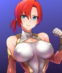 Rule 34 | &gt;:), 1girl, alternate costume, asymmetrical bangs, baron (nsbaron), blue eyes, blush, boudica (fate), breasts, clenched hand, closed mouth, covered erect nipples, covered navel, cowboy shot, fate/grand order, fate (series), gloves, gradient background, grey leotard, impossible clothes, impossible leotard, large breasts, leotard, multicolored background, red gloves, red hair, short hair, short ponytail, skin tight, smile, solo, taimanin (series), taimanin suit, upper body