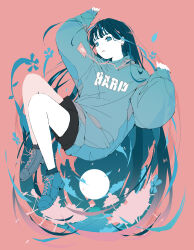 Rule 34 | 1girl, absurdres, baggy clothes, black hair, black shorts, blue eyes, blue footwear, blue sweater, boots, commentary request, foreshortening, full body, high heel boots, high heels, highres, knees up, laces, leaf, long bangs, long hair, long sleeves, looking at viewer, moon, no pupils, nocopyrightgirl, original, pale skin, parted lips, petals, red background, shorts, sleeves past wrists, solo, sweater, very long hair