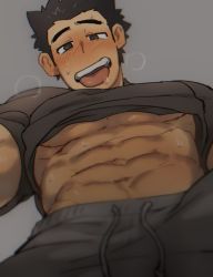 Rule 34 | 1boy, abs, bara, black eyes, black hair, black shirt, blush, breath, clothes lift, from below, grey background, half-closed eyes, male focus, open mouth, original, sagami jon, saliva, shirt, shirt lift, shorts, simple background, smile, solo, spiked hair, sweat, t-shirt, toned, toned male, tongue, tongue out