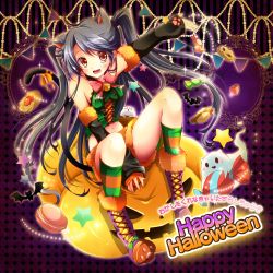 Rule 34 | 1girl, animal ears, bare shoulders, bell, black hair, blush, bow, candy, cat ears, cat tail, detached sleeves, food, ghost, green socks, halloween, happy halloween, highres, jack-o&#039;-lantern, kneehighs, looking at viewer, navel, open mouth, orange socks, original, picpicgram, pumpkin, red bow, red eyes, red ribbon, ribbon, smile, socks, striped clothes, striped socks, tail, twintails