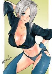 Rule 34 | 1girl, angel (kof), arm behind head, artist name, blue eyes, breasts, cleavage, fingerless gloves, gloves, grey hair, hair over one eye, hand on own hip, large breasts, legs, looking at viewer, midriff, model pose, navel, pink lips, short hair, smile, snk, the king of fighters, thighs, traditional media