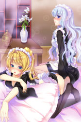 Rule 34 | 2girls, apron, bed, blonde hair, blue eyes, blue hair, blush, bow, breasts, cleavage, flower, frills, green eyes, long hair, lowres, maid, maid apron, maid headdress, multiple girls, open mouth, pillow, sitting, sword girls, thighhighs