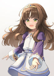 Rule 34 | 1girl, :d, absurdres, aged down, ahoge, alternate hairstyle, belt, blunt bangs, brown hair, child, commentary request, cookieee, dunyarzad (genshin impact), genshin impact, green eyes, hair between eyes, highres, jewelry, long hair, long sleeves, looking at viewer, necklace, npc (genshin impact), open mouth, reaching, reaching towards viewer, sidelocks, simple background, smile, solo, tiara, white background