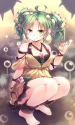 Rule 34 | 1girl, absurdres, ahoge, bare shoulders, barefoot, commentary request, dress, duel monster, earrings, flower, full body, green eyes, green hair, hair ornament, hand up, highres, jewelry, kanzakietc, long hair, looking at viewer, smile, solo, squatting, traptrix sera, twintails, yellow dress, yu-gi-oh!