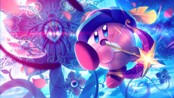 Rule 34 | 1girl, 5health, archer kirby, arrow (projectile), battle, bow (weapon), colored skin, copy ability, dreamstalk, falling petals, glowing, glowing eyes, hat feather, heart, highres, holding, holding bow (weapon), holding weapon, kirby, kirby: triple deluxe, kirby (series), night, night sky, nintendo, no humans, open mouth, petals, pink skin, plant, queen sectonia, scar, scar on face, sky, star (sky), star (symbol), starry sky, vines, weapon