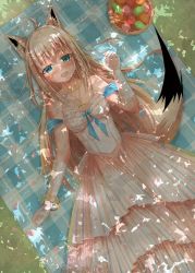 Rule 34 | 1girl, ahoge, animal ear fluff, animal ears, blush, braid, breasts, collarbone, commentary, dappled sunlight, day, dress, fox ears, fox girl, fox tail, gloves, grass, green eyes, hair between eyes, highres, hololive, jewelry, long hair, looking at viewer, lying, natsuki (digretking), necklace, on back, open mouth, outdoors, picnic basket, shadow, shirakami fubuki, sidelocks, single braid, small breasts, solo, strapless, strapless dress, sunlight, tail, tearing up, virtual youtuber, white dress, white gloves, white hair