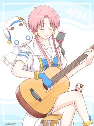 Rule 34 | 1girl, acoustic guitar, andanden, aria (manga), aria company uniform, aria pokoteng, blue bow, blue bowtie, bow, bowtie, cat, closed eyes, closed mouth, collarbone, copyright name, crossed legs, dress, eyelashes, feet out of frame, guitar, hair tubes, highres, hime granzchesta, instrument, long dress, mizunashi akari, music, pink hair, playing instrument, president maa, short hair with long locks, signature, sitting, solo, white background, white dress