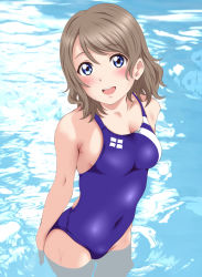 Rule 34 | 10s, 1girl, :d, blue eyes, blue one-piece swimsuit, breasts, brown hair, competition swimsuit, covered navel, cowboy shot, eyebrows, from above, keisuke (0320030103200301), looking at viewer, love live!, love live! sunshine!!, one-piece swimsuit, open mouth, short hair, smile, solo, swimsuit, wading, watanabe you, water, wet
