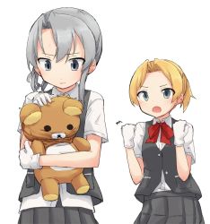 Rule 34 | 2girls, blonde hair, bow, bowtie, clenched hands, closed mouth, commentary request, dress shirt, frown, gloves, green eyes, grey eyes, grey hair, grey skirt, grey vest, hair intakes, holding, holding stuffed toy, kakizaki (chou neji), kantai collection, long hair, looking at another, maikaze (kancolle), medium hair, multiple girls, nowaki (kancolle), open mouth, pleated skirt, red neckwear, shirt, short hair, short ponytail, short sleeves, simple background, skirt, stuffed animal, stuffed toy, teddy bear, trembling, vest, white background, white gloves, white shirt, wing collar