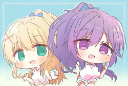 Rule 34 | 2girls, :d, absurdres, alternate costume, alternate hairstyle, blonde hair, blue bow, blush, bow, breasts, chibi, commentary, cropped shirt, eyes visible through hair, green eyes, hair between eyes, hair bow, hair intakes, hair ornament, hand up, happy, highres, index finger raised, large breasts, blue background, long hair, looking at viewer, mizuori shizuku, multiple girls, one eye closed, open mouth, pink skirt, ponytail, purple eyes, purple hair, signature, simple background, skirt, small breasts, smile, summer pockets, tsumugi wenders, upper body, utuigawa, waving, x hair ornament