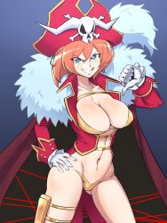 Rule 34 | 10s, 1girl, blue eyes, breasts, brown hair, cape, cleavage, cowboy shot, doriyamatsurugi, fur trim, gloves, grin, hat, highres, lalaco godspeed, large breasts, looking at viewer, navel, pirate hat, revealing clothes, smile, solo, standing, thighs, thumbs down, uchuu patrol luluco