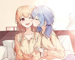 Rule 34 | 2girls, ;d, alternate hairstyle, aqua hair, bang dream!, bed, blonde hair, closed eyes, collarbone, commentary request, hand on another&#039;s arm, highres, indoors, kiss, kissing cheek, kyudoli, long hair, long sleeves, matsubara kanon, messy hair, multiple girls, one eye closed, open mouth, pajamas, pillow, purple eyes, red eyes, shirasagi chisato, sitting, smile, stuffed toy, twintails, under covers, yellow pajamas, yuri