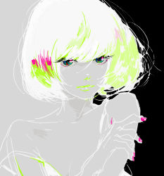 Rule 34 | 1girl, bad id, bad pixiv id, bob cut, color contrast, colored skin, eyelashes, fingernails, grey skin, hand on own arm, lips, looking at viewer, mitsui, multicolored eyes, nail polish, original, pink nails, shirt, short hair, sketch, solo, strap slip, surreal, two-tone background, white hair, white shirt