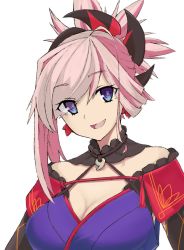 Rule 34 | 1girl, asymmetrical hair, blue eyes, breasts, detached sleeves, earrings, eyes visible through hair, fate/grand order, fate (series), hair ornament, japanese clothes, jewelry, kimono, large breasts, looking at viewer, miyamoto musashi (fate), miyamoto musashi (second ascension) (fate), open mouth, pink hair, ponytail, simple background, smile, solo, white background