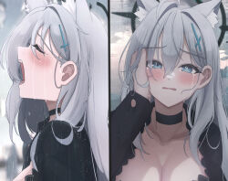 Rule 34 | 1girl, 1other, absurdres, animal ear fluff, animal ears, black choker, black dress, blue archive, blue eyes, blush, breasts, choker, cleavage, closed eyes, cross hair ornament, crying, crying with eyes open, dark halo, dress, grey hair, hair between eyes, hair ornament, halo, highres, large breasts, long hair, long sleeves, mofu07519, multiple views, open mouth, shiroko (blue archive), shiroko terror (blue archive), tears, wolf ears