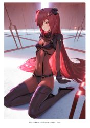 Rule 34 | 1girl, absurdres, adapted costume, aged down, bident, bodysuit, breasts, cosplay, covered navel, evangelion: 2.0 you can (not) advance, fate/grand order, fate (series), full body, hair between eyes, hairpods, highres, interface headset, lance of longinus (evangelion), lily servant, long hair, looking at viewer, medium breasts, neon genesis evangelion, plugsuit, polearm, purple bodysuit, purple hair, rebuild of evangelion, red eyes, scan, scathach (fate), siino, simple background, sitting, small breasts, solo, souryuu asuka langley (cosplay), test plugsuit, thighs, wariza
