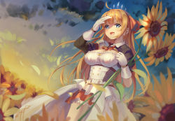 Rule 34 | 1girl, :d, absurdres, ahoge, armor, ascot, azusa (980650076), blue eyes, breasts, cleavage, commentary request, detached collar, field, flower, flower field, gloves, highres, holding, holding flower, huge filesize, long hair, open mouth, orange hair, pecorine (princess connect!), princess connect!, salute, shoulder armor, sidelocks, smile, solo, sunflower, sunflower field, tiara, twilight, white gloves