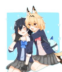 Rule 34 | 2girls, :3, alternate costume, animal ear fluff, animal ears, bare legs, black gloves, blonde hair, blue jacket, blue neckwear, blue sweater, blush, bow, bowtie, commentary request, contemporary, extra ears, closed eyes, fang, gloves, grey skirt, highres, hug, jacket, kaban (kemono friends), kemono friends, loafers, lucky beast (kemono friends), luki1192759520, multiple girls, no headwear, no headwear, open mouth, pink sweater, pleated skirt, red neckwear, school uniform, serval (kemono friends), serval tail, shoes, short hair, short sleeves, sitting, skirt, sweater, tail, traditional bowtie, yellow eyes
