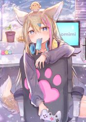 Rule 34 | 1girl, :3, absurdres, animal ear fluff, animal ears, bird, bird nest, blonde hair, blue eyes, chair, chick, chick on head, commentary request, controller, desk, food, fox ears, fox tail, game console, game controller, gamepad, hair ornament, hairclip, headphones, headphones around neck, highres, hood, hood down, hoodie, lens flare, long hair, long sleeves, looking at viewer, monitor, mouth hold, multicolored hair, office chair, original, paw print, pink hair, plant, popsicle, potted plant, rucaco, sitting, streaked hair, swivel chair, tail, two-tone hair