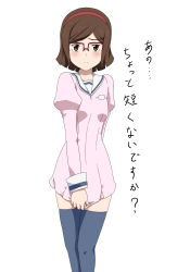 Rule 34 | 1girl, breasts, brown eyes, brown hair, closed mouth, clothes pull, dress, glasses, gundam, gundam build fighters, hairband, kousaka china, looking at viewer, over-rim eyewear, red-framed eyewear, semi-rimless eyewear, short hair, simple background, skirt, skirt pull, small breasts, solo, thighhighs, translation request, white background, yoshida keiji