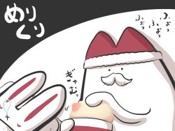 Rule 34 | animal, black background, christmas stocking, closed eyes, commentary request, creature, disembodied breast, facial hair, fur-trimmed headwear, fur trim, futon, goma (gomasamune), hat, highres, holding, lying, mustache, nipples, no humans, nose bubble, on back, original, pillow, rabbit, red hat, santa hat, sleeping, two-tone background, white background