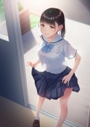 Rule 34 | 1girl, :d, ankle socks, backlighting, black hair, blunt bangs, blurry, blush, bow, bowtie, bra visible through clothes, breasts, brown eyes, chromatic aberration, depth of field, door, doorway, from above, highres, kazushiki midori, loafers, long hair, looking at viewer, medium breasts, open mouth, original, pleated skirt, ponytail, school uniform, see-through, see-through silhouette, serafuku, shoes, short sleeves, skirt, skirt hold, smile, socks, solo, standing, sunlight, tile floor, tiles