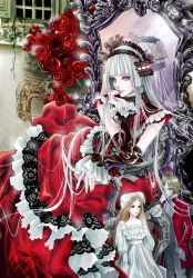 Rule 34 | artist request, back, blonde hair, bow, chair, detached sleeves, doll, dress, expressionless, flower, frills, hair bow, hair ribbon, lips, lolita fashion, long hair, long sleeves, mirror, purple eyes, qianyu, red eyes, ribbon, rose, short hair, signature, silver hair, sitting, source request, turtleneck, very long hair, wide sleeves