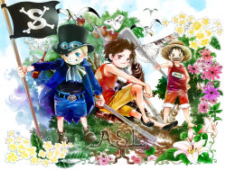 Rule 34 | 3boys, bird, blonde hair, blue eyes, brothers, brown eyes, ascot, flag, freckles, hat, male focus, missing tooth, monkey d. luffy, multiple boys, one piece, portgas d. ace, sabo (one piece), scar, shorts, siblings, straw hat, tank top, top hat, torn clothes, aged down