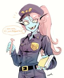 Rule 34 | 1girl, blue skin, colored skin, deltarune, eyepatch, fins, hat, head fins, highres, long hair, looking at viewer, monster girl, noah (tettsui-sole), pencil skirt, police, police hat, police uniform, policewoman, ponytail, red hair, sharp teeth, simple background, skirt, smile, solo, standing, teeth, undertale, undyne, uniform, white background