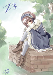 Rule 34 | 10s, 1girl, alternate costume, ankle boots, artist name, blush, boots, brick, brown eyes, brown hair, character name, chize, cross-laced footwear, dress, frilled dress, frills, grass, grey pantyhose, hairband, juliet sleeves, kantai collection, lace-up boots, long sleeves, pantyhose, puffy sleeves, short hair, sitting, solo, tree, z3 max schultz (kancolle)