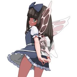 Rule 34 | 1girl, arms behind back, black hair, blue dress, blunt bangs, bow, brown eyes, dress, fairy, fairy wings, from behind, hair bow, highres, huxiao (mistlakefront), long hair, looking back, own hands together, ribbon, simple background, smile, solo, star sapphire, thighs, touhou, white background, wings