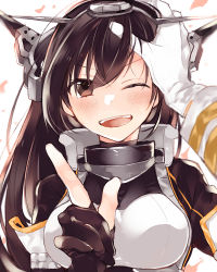 Rule 34 | 10s, 1girl, admiral (kancolle), black gloves, black hair, brown eyes, close-up, gloves, hand on another&#039;s head, headgear, kantai collection, karomura, long hair, nagato (kancolle), one eye closed, open mouth, partially fingerless gloves, remodel (kantai collection), smile, solo focus, upper body, white gloves