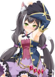 Rule 34 | 1girl, animal ear fluff, animal ears, arm behind back, arm up, armpits, black hair, black ribbon, blush, bodice, bow, cat ears, cat girl, cat tail, closed mouth, commentary request, cowboy shot, detached sleeves, ebibana, frilled skirt, frilled sleeves, frills, frown, gem, green eyes, karyl (princess connect!), long hair, long sleeves, looking at viewer, multicolored hair, princess connect!, purple bow, purple skirt, red brooch, ribbon, shirt, simple background, skirt, sleeveless, sleeveless shirt, solo, streaked hair, tail, twintails, v-shaped eyebrows, very long hair, white background, white hair, white shirt, wide sleeves