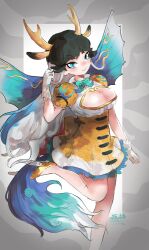 Rule 34 | 1girl, animal ears, back bow, black hair, blonde hair, blue bow, blue bowtie, blue eyes, blue hair, bow, bowtie, breast cutout, collared shirt, colored skin, frilled skirt, frills, giraffe ears, giraffe girl, giraffe horns, giraffe tail, high-waist skirt, high heels, highres, horns, inu (user arjr4358), kemono friends, kemono friends 3, kirin (kemono friends), multicolored hair, multicolored skin, puffy short sleeves, puffy sleeves, scales, shirt, short sleeves, sidelocks, skirt, solo, standing, standing on one leg, tail, two-tone skin, white hair, white shirt, wings, yellow footwear, yellow shirt, yellow skirt