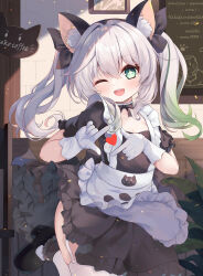 1girl alternate_costume alternate_hairstyle animal_ears apron black_dress black_footwear black_hairband breasts cafe cat_ears dress enmaided fake_animal_ears genshin_impact gloves gradient_hair green_eyes green_hair grey_hair hair_between_eyes hairband head_tilt heart highres indoors long_hair looking_at_viewer maid multicolored_hair nahida_(genshin_impact) one_eye_closed qunqing shoes small_breasts smile solo symbol-shaped_pupils thighhighs twintails white_apron white_gloves white_thighhighs