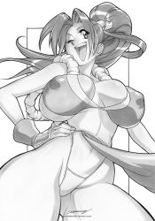 Rule 34 | 1990s (style), 1girl, breasts, brown eyes, brown hair, contrapposto, covered erect nipples, daicombo, daikon (artist), daikon (daicombo), female focus, groin, hair ribbon, hand on own hip, high ponytail, highleg, highleg panties, image sample, large breasts, long hair, looking at viewer, monochrome, no bra, one eye closed, open mouth, panties, pantyshot, pelvic curtain, ponytail, retro artstyle, revealing clothes, ribbon, shiranui mai, sideboob, smile, solo, teeth, the king of fighters, thong, underwear, white background, wink, wrist guards