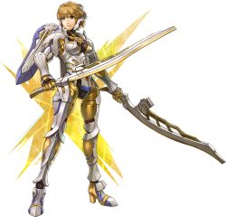 Rule 34 | 1girl, armor, blonde hair, breasts, cyborg, female focus, fiora (xenoblade), green eyes, nintendo, official art, project x zone 2, short hair, smile, sword, weapon, xenoblade chronicles (series)