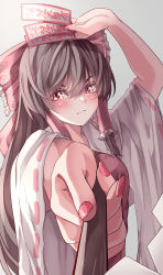 Rule 34 | 1girl, absurdres, amulet, arms up, bare shoulders, blush, bow, breasts, brown hair, closed mouth, collar, detached sleeves, dress, eyes visible through hair, gohei, gradient background, grey background, hair between eyes, hair tubes, hakurei reimu, hands up, highres, light, long hair, looking at viewer, mahoro (minase mahoro), medium breasts, nail polish, red bow, red dress, red eyes, red nails, shadow, solo, touhou, white background, wide sleeves, yellow neckwear