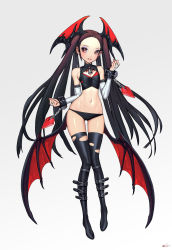 Rule 34 | 1girl, bad id, bad twitter id, bat wings, bell, belt, black hair, bridal gauntlets, brown hair, chain, elbow gloves, etama quomo, flat chest, full body, gloves, gradient hair, grey background, head wings, highres, long hair, looking at viewer, low wings, multicolored hair, navel, orange eyes, original, parted lips, signature, solo, thighhighs, torn clothes, torn thighhighs, very long hair, wings, wrist cuffs