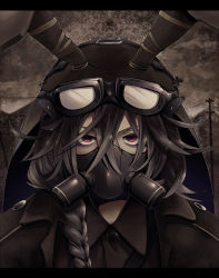 Rule 34 | 1girl, animal ears, bags under eyes, black hair, braid, rabbit ears, gas mask, goggles, goggles on headwear, hat, leather, long hair, looking at viewer, mask, mikazuki tsukiyo, military, military uniform, mouth mask, personification, purple hair, red eyes, respirator, shocasky, solo, solo focus, uniform, usavich