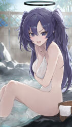 Rule 34 | 1girl, absurdres, ass, blue archive, blush, breasts, bucket, feet out of frame, hair between eyes, halo, highres, jiang zhuti jiojio, long hair, looking at viewer, mechanical halo, medium breasts, naked towel, onsen, open mouth, outdoors, purple eyes, purple hair, sitting, solo, towel, two side up, water, white towel, yuuka (blue archive)