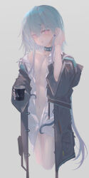 Rule 34 | 1boy, :p, absurdres, arknights, black coat, black jacket, blue hair, borrowed clothes, coat, collarbone, collared shirt, cup, disposable cup, doctor (arknights), earrings, flower earrings, grey background, hair between eyes, hair ornament, hairclip, hat, heart, highres, hood, hooded jacket, infection monitor (arknights), jacket, jacket partially removed, jewelry, kira guil, long hair, long sleeves, looking at viewer, male focus, mizuki (arknights), multicolored hair, navel, open clothes, pink eyes, shirt, simple background, solo, tentacles, thighs, tongue, tongue out, trap, unbuttoned, unbuttoned shirt, white shirt