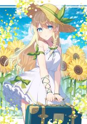 Rule 34 | 1girl, absurdres, blonde hair, blue eyes, blue sky, blush, bracelet, braid, cloud, collarbone, commentary request, day, dress, field, flower, flower field, hair between eyes, hair ribbon, hat, hat ribbon, highres, holding, holding suitcase, jewelry, kurobikari, long hair, looking at viewer, original, outdoors, parted lips, ribbon, sky, straw hat, suitcase, summer, sun hat, sunflower, sunflower field, white dress
