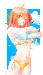 Rule 34 | 1girl, ahoge, bikini, breasts, clothes lift, eyes visible through hair, fate/grand order, fate (series), fujimaru ritsuka (female), fujimaru ritsuka (female) (brilliant summer), groin, hair between eyes, hair ornament, hair scrunchie, lifted by self, long hair, looking at viewer, medium breasts, mikumikubou, navel, official alternate costume, open mouth, orange hair, orange scrunchie, ribbon, scrunchie, shirt, shirt lift, side-tie bikini bottom, side ponytail, solo, standing, striped bikini, striped clothes, swimsuit, underboob, undressing, white ribbon, white shirt, yellow bikini, yellow eyes